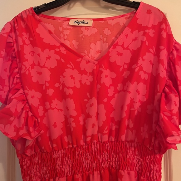 NEW Remember Me Red & Pink Floral Print Smocked Waist Midi Dress - Picture 14 of 14